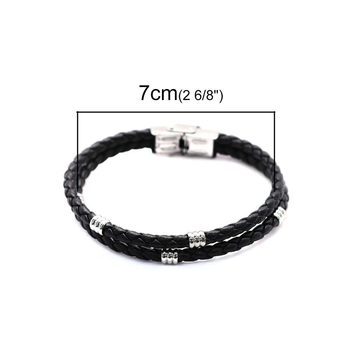 Imagen de 304 Acero Inoxidable & Cuero Real Brazalete Tono de Plata Negro Ronda Multicapa 21cm longitud, 1 Unidad