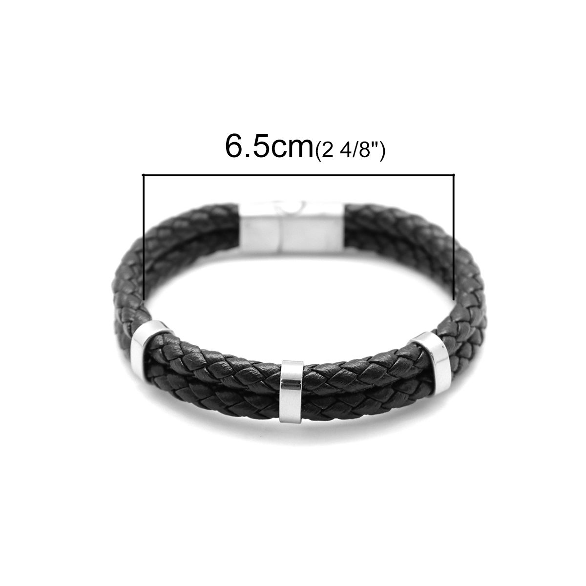 Imagen de 304 Acero Inoxidable & Cuero Real Brazalete Tono de Plata Negro Ronda Multicapa 21cm longitud, 1 Unidad