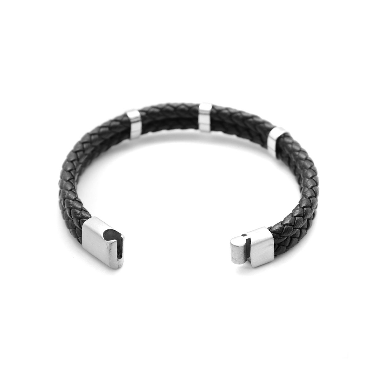 Imagen de 304 Acero Inoxidable & Cuero Real Brazalete Tono de Plata Negro Ronda Multicapa 21cm longitud, 1 Unidad