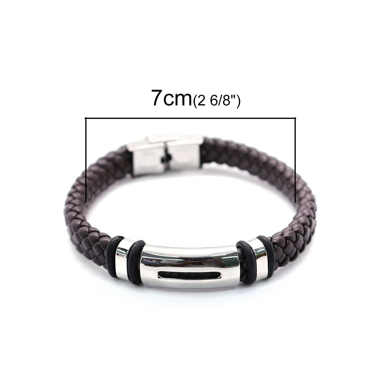 Picture of 304 Stainless Steel & Real Leather & Rubber Bangles Bracelets Silver Tone Brown Round 21cm(8 2/8") long, 1 Piece