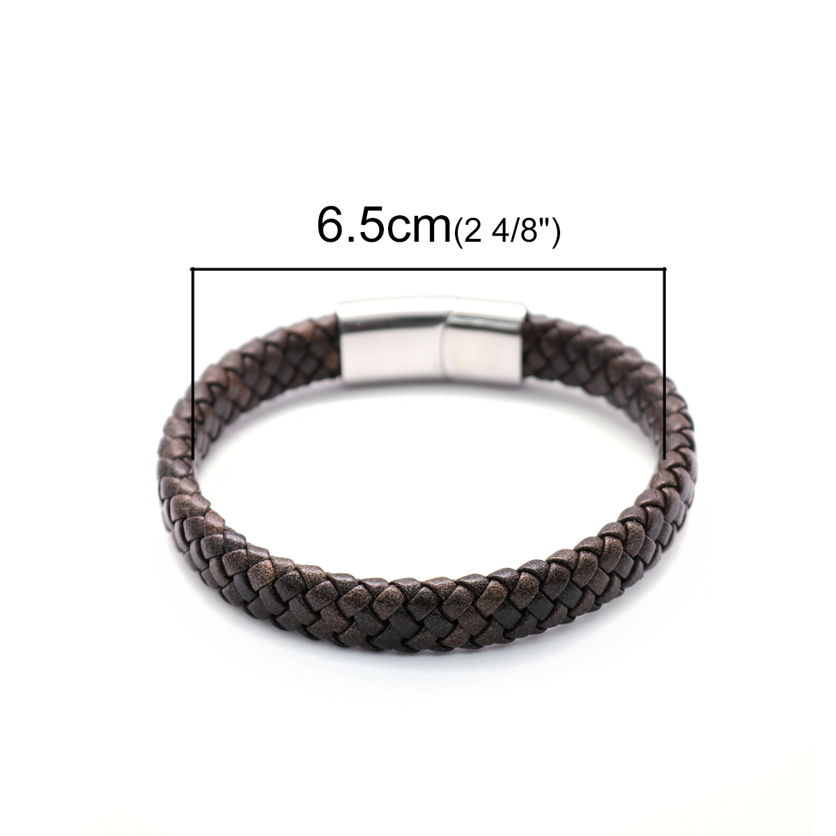 Picture of 304 Stainless Steel & Real Leather Bangles Bracelets Silver Tone Brown Round 21cm(8 2/8") long, 1 Piece