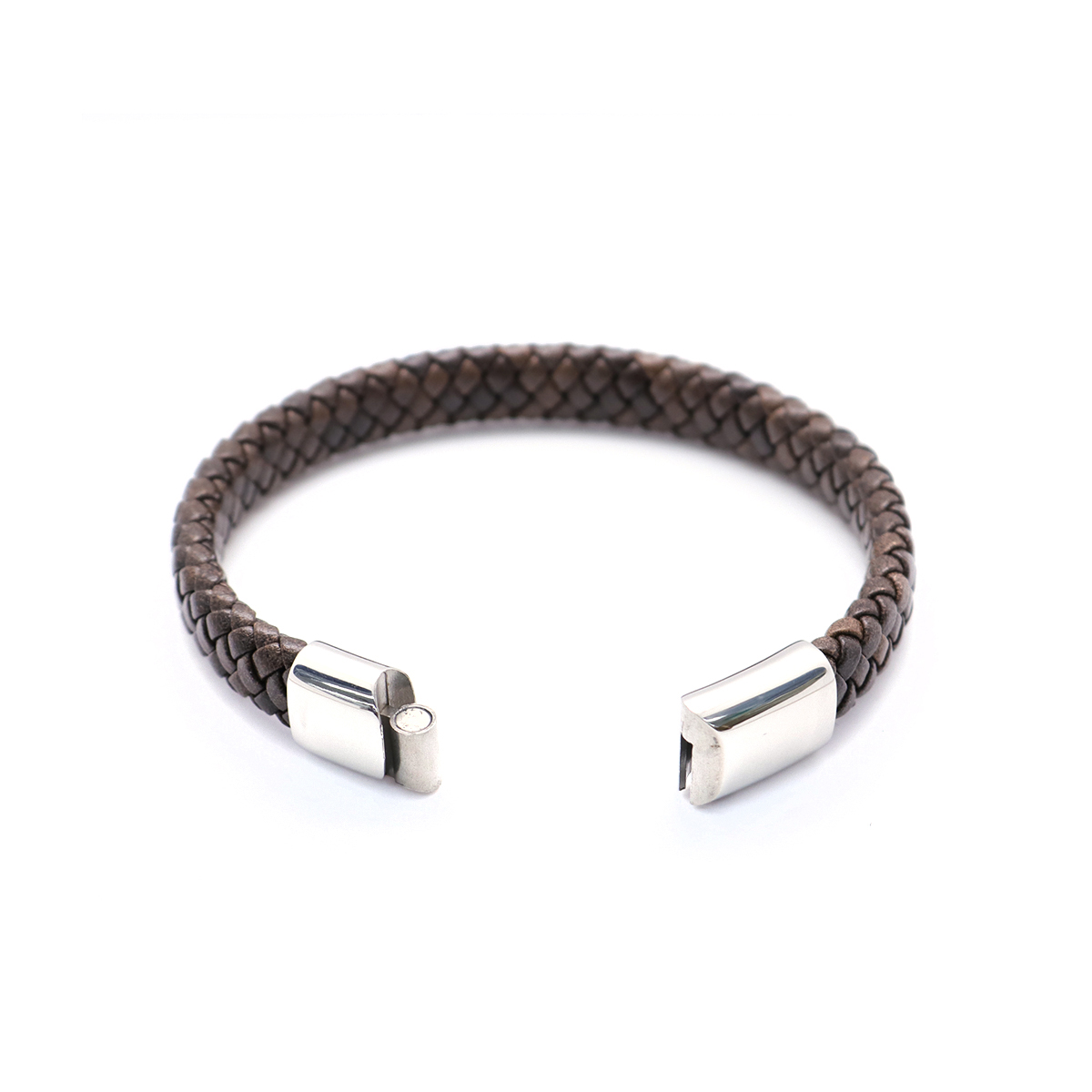 Picture of 304 Stainless Steel & Real Leather Bangles Bracelets Silver Tone Brown Round 21cm(8 2/8") long, 1 Piece