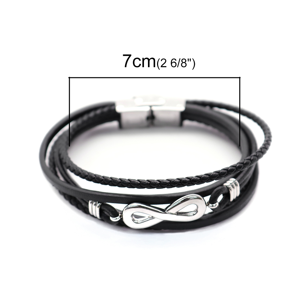 Imagen de 304 Acero Inoxidable & Cuero Real Brazalete Tono de Plata Negro Ronda Símbolo del infinito Multicapa 21cm longitud, 1 Unidad