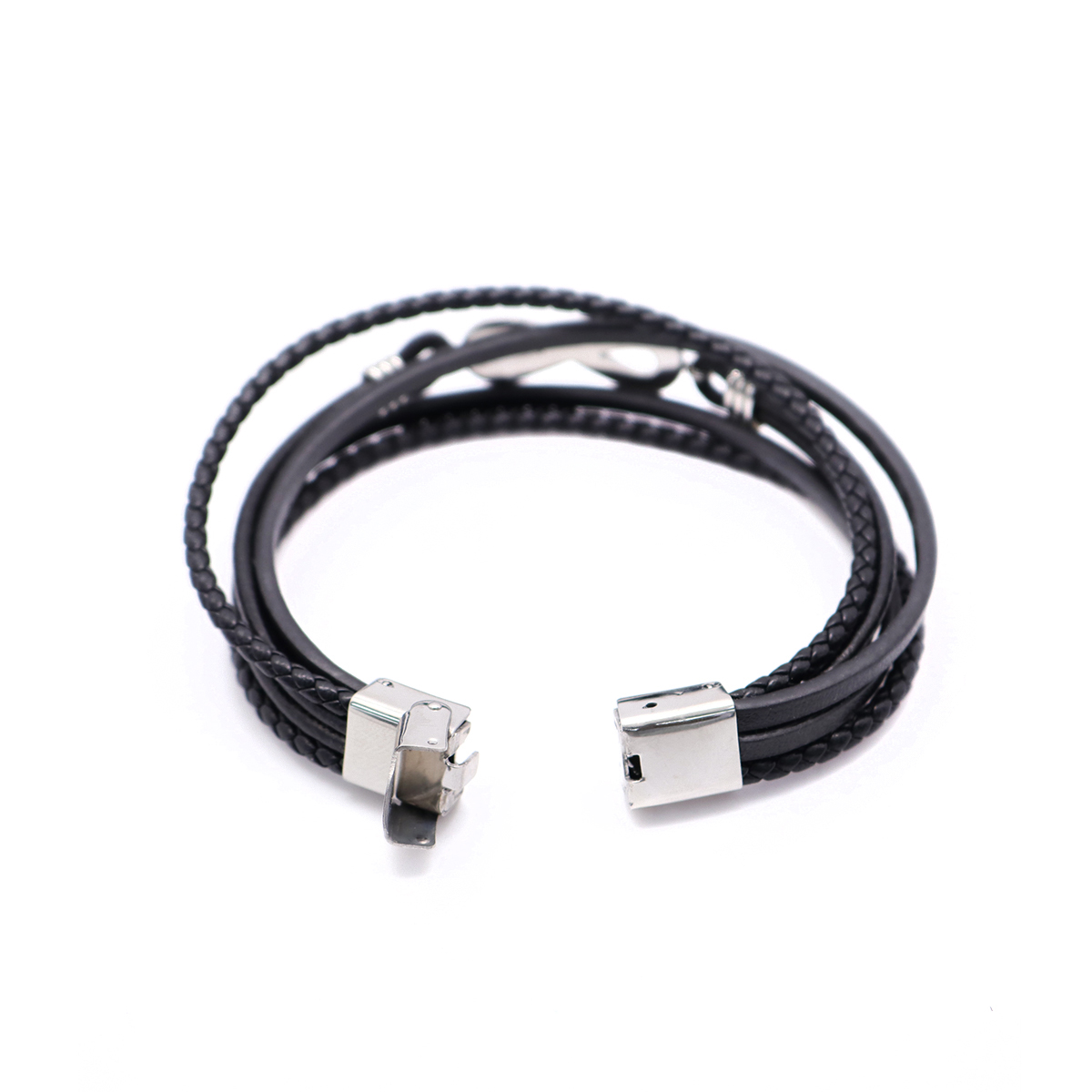 Imagen de 304 Acero Inoxidable & Cuero Real Brazalete Tono de Plata Negro Ronda Símbolo del infinito Multicapa 21cm longitud, 1 Unidad