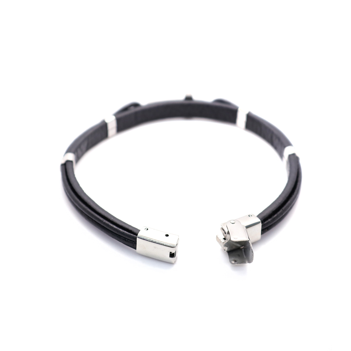 Picture of 304 Stainless Steel & Real Leather Bangles Bracelets Silver Tone Black Round Cross Multilayer 21cm(8 2/8") long, 1 Piece