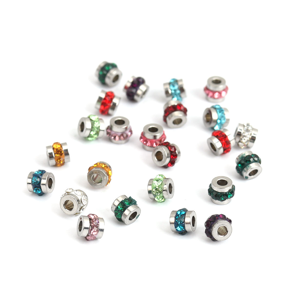Bild von 304 Edelstahl Perlen Zylinder Silberfarbe Zufällig mix Strass 5mm x 4mm, Loch: ca. 1.8mm, 10 Stück