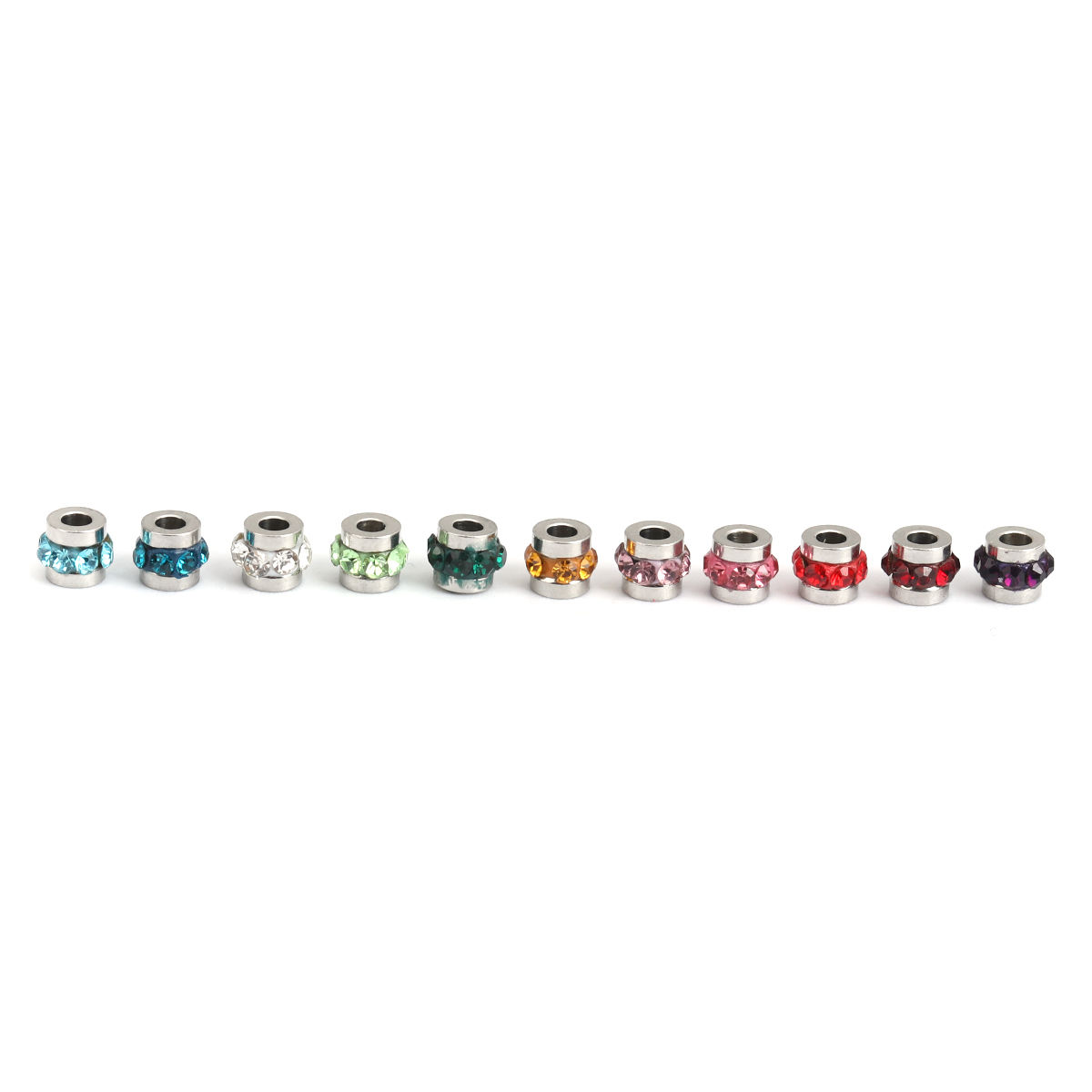 Bild von 304 Edelstahl Perlen Zylinder Silberfarbe Zufällig mix Strass 5mm x 4mm, Loch: ca. 1.8mm, 10 Stück