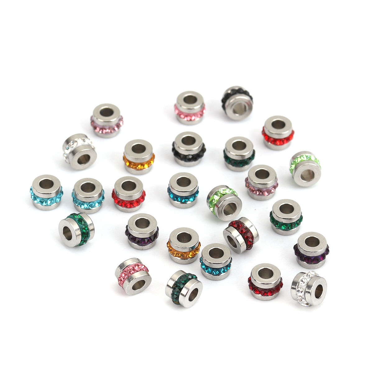 Bild von 304 Edelstahl Perlen Zylinder Silberfarbe Zufällig mix Strass 7mm x 5mm, Loch: ca. 2.8mm, 10 Stück