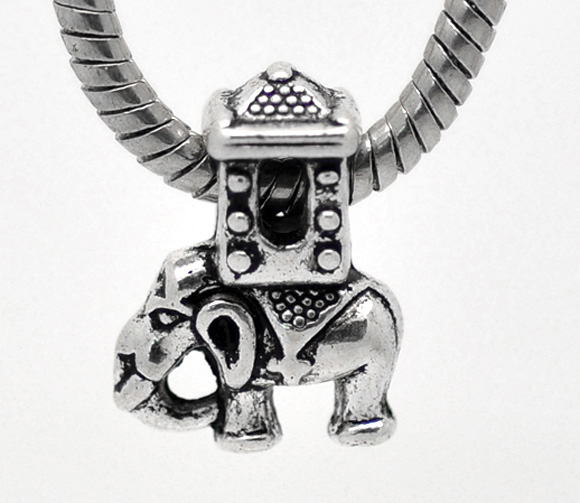 Picture of 10 PCs Zinc Based Alloy European Style Large Hole Charm Beads Antique Silver Color Elephant Animal 20mm x 15mm, Hole: Approx 5mm