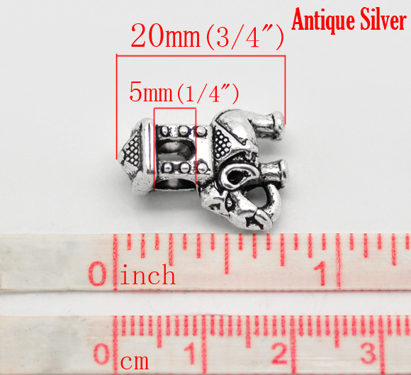 Picture of 10 PCs Zinc Based Alloy European Style Large Hole Charm Beads Antique Silver Color Elephant Animal 20mm x 15mm, Hole: Approx 5mm