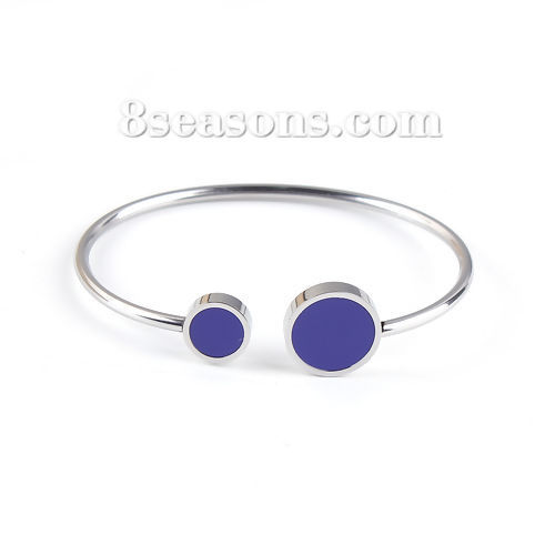Imagen de 304 Acero Inoxidable Abierta Cuff Brazaletes Pulseras Tono de Plata Azul Ronda Elástico 18.3cm longitud, 1 Unidad