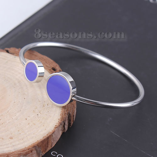 Imagen de 304 Acero Inoxidable Abierta Cuff Brazaletes Pulseras Tono de Plata Azul Ronda Elástico 18.3cm longitud, 1 Unidad