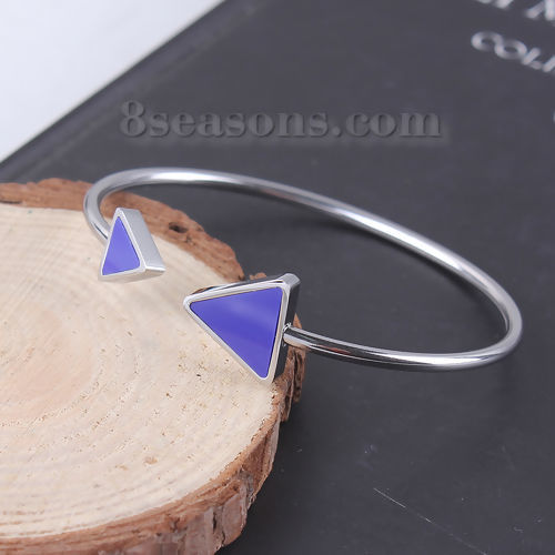 Image de Bracelet Manchette Jonc Semi-Ouvert en 304 Acier Inoxydable Pointe de Flèche Elastique Bleu Foncé Argent Mat 18.3cm 1 Pièce