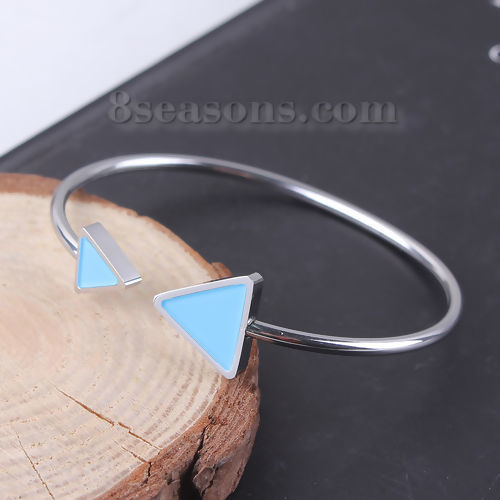 Imagen de 304 Acero Inoxidable Abierta Cuff Brazaletes Pulseras Tono de Plata Azul Cielo Punta de Flecha Elástico 18.3cm longitud, 1 Unidad