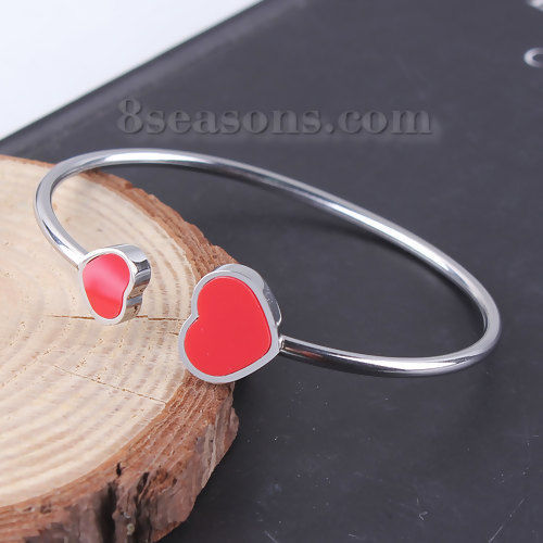 Imagen de 304 Acero Inoxidable Abierta Cuff Brazaletes Pulseras Tono de Plata Rojo Corazón Elástico 18cm longitud, 1 Unidad