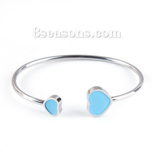Imagen de 304 Acero Inoxidable Abierta Cuff Brazaletes Pulseras Tono de Plata Azul Cielo Corazón Elástico 18cm longitud, 1 Unidad