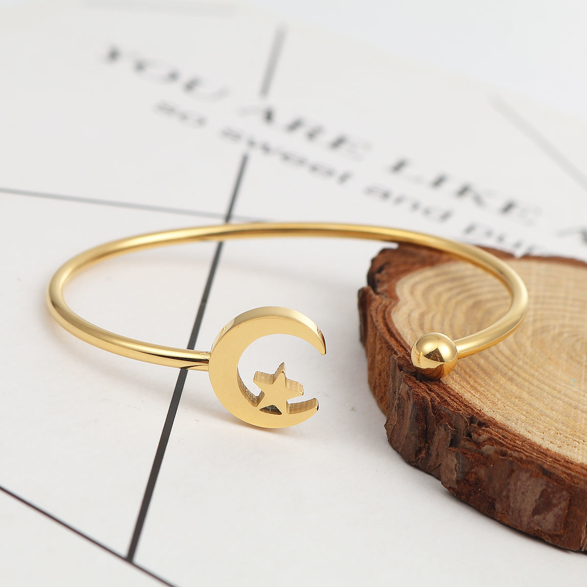 Bild von 304 Edelstahl Offen Manschette Armreife Armband Vergoldet Halbmond Stern 17.7cm lang, 1 Stück