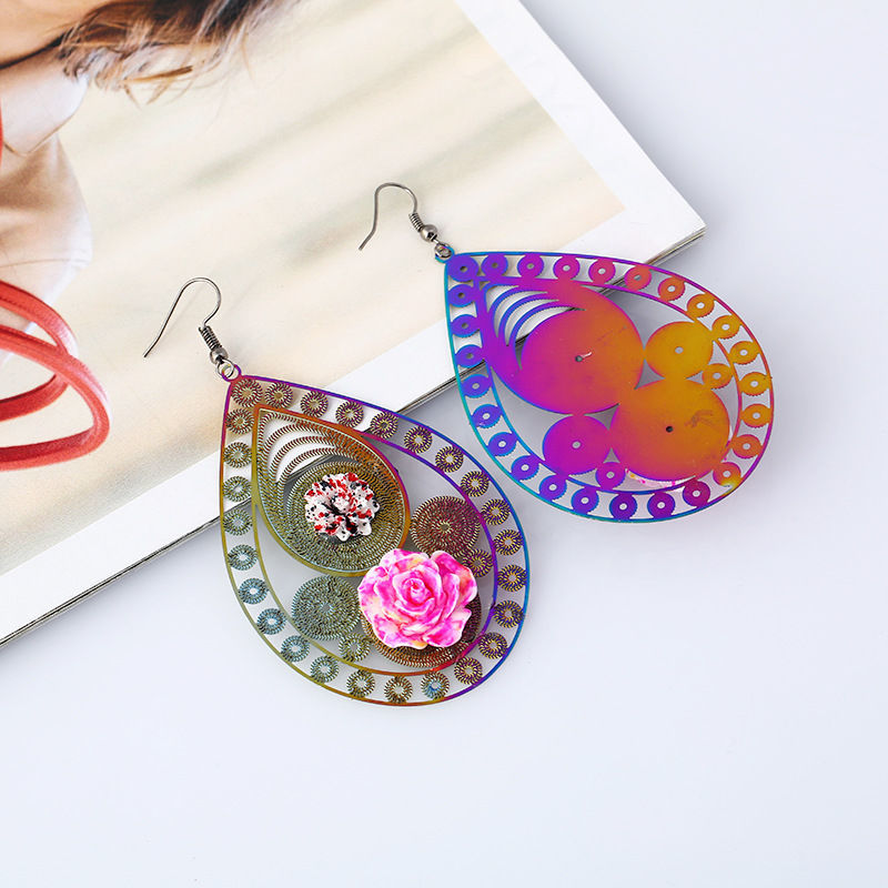 Imagen de Acero Inoxidable Pendientes Multicolor Gota Rosa Color Plateado 9.3cm x 5cm, 1 Par
