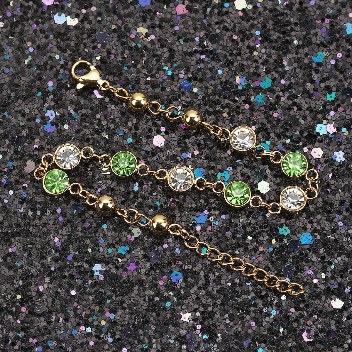 Picture of 304 Stainless Steel Bracelets Gold Plated Green Rhinestone 16.6cm(6 4/8") long, 1 Piece