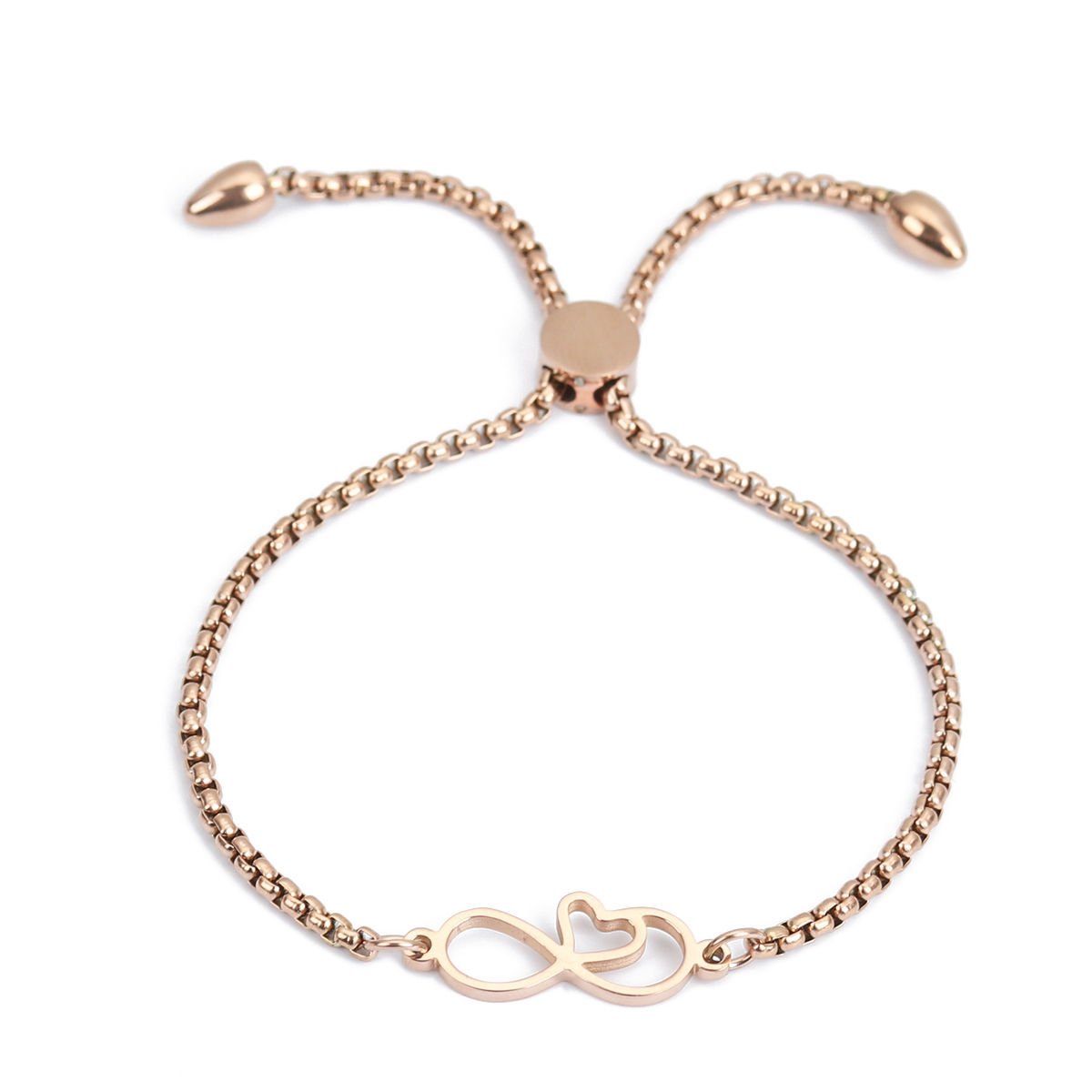 Imagen de 304 Acero Inoxidable Ajustable Slider/ Slide Pulsera Oro Rosa Símbolo del infinito Corazón 26.3cm - 25.3cm longitud, 1 Unidad