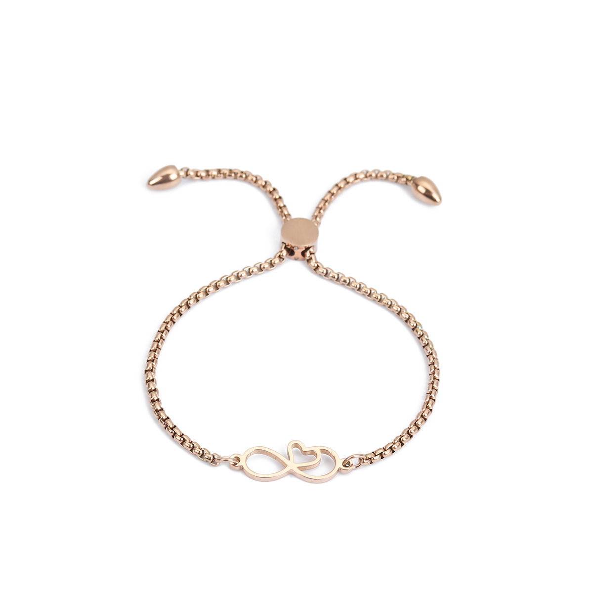 Imagen de 304 Acero Inoxidable Ajustable Slider/ Slide Pulsera Oro Rosa Símbolo del infinito Corazón 26.3cm - 25.3cm longitud, 1 Unidad