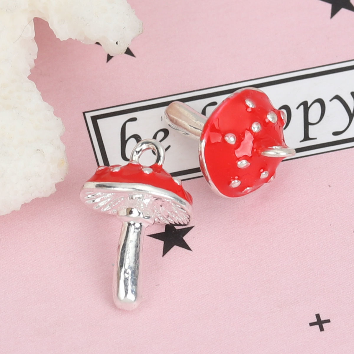 Picture of Zinc Based Alloy 3D Charms Mushroom Silver Plated Red Enamel 17mm x 11mm, 5 PCs