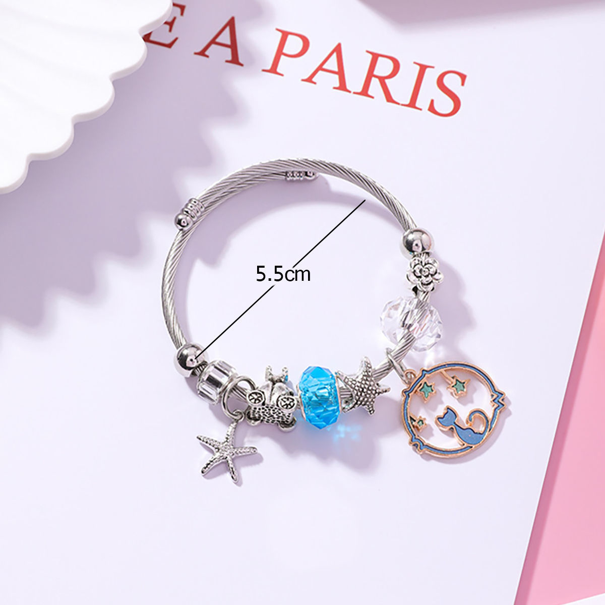 Imagen de Aleación del Cinc & Acero Inoxidable Brazalete Tono de Plata Azul Ronda Estrella de Mar Ajustable 5.5cm Diámetro, 1 Unidad