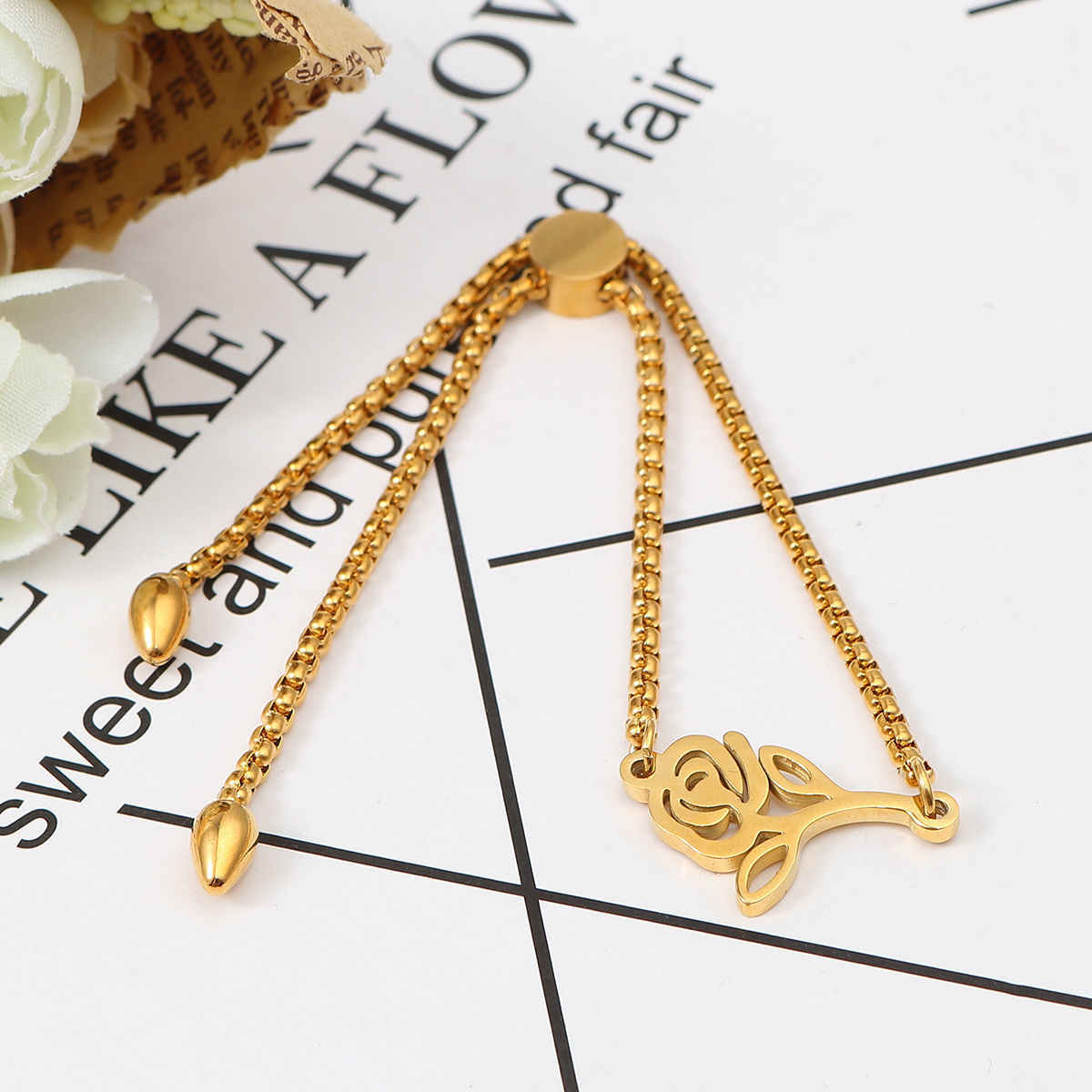 Picture of 304 Stainless Steel Adjustable Slider/ Slide Bolo Bracelets Gold Plated Rose Flower 26.3cm(10 3/8") - 25.3cm(10") long, 50 PCs