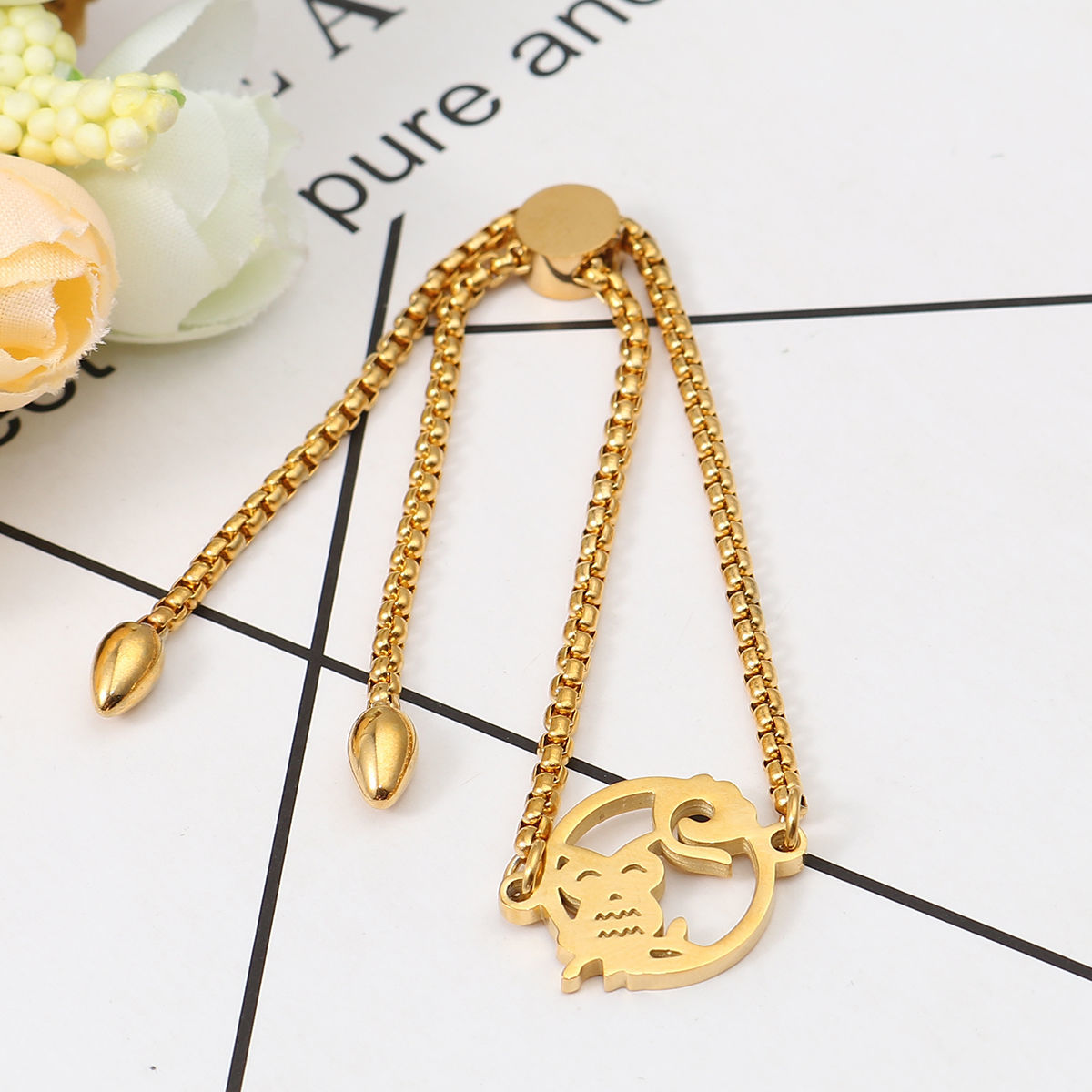 Picture of 304 Stainless Steel Adjustable Slider/ Slide Bolo Bracelets Gold Plated Round Owl 26.3cm(10 3/8") - 25.3cm(10") long, 50 PCs