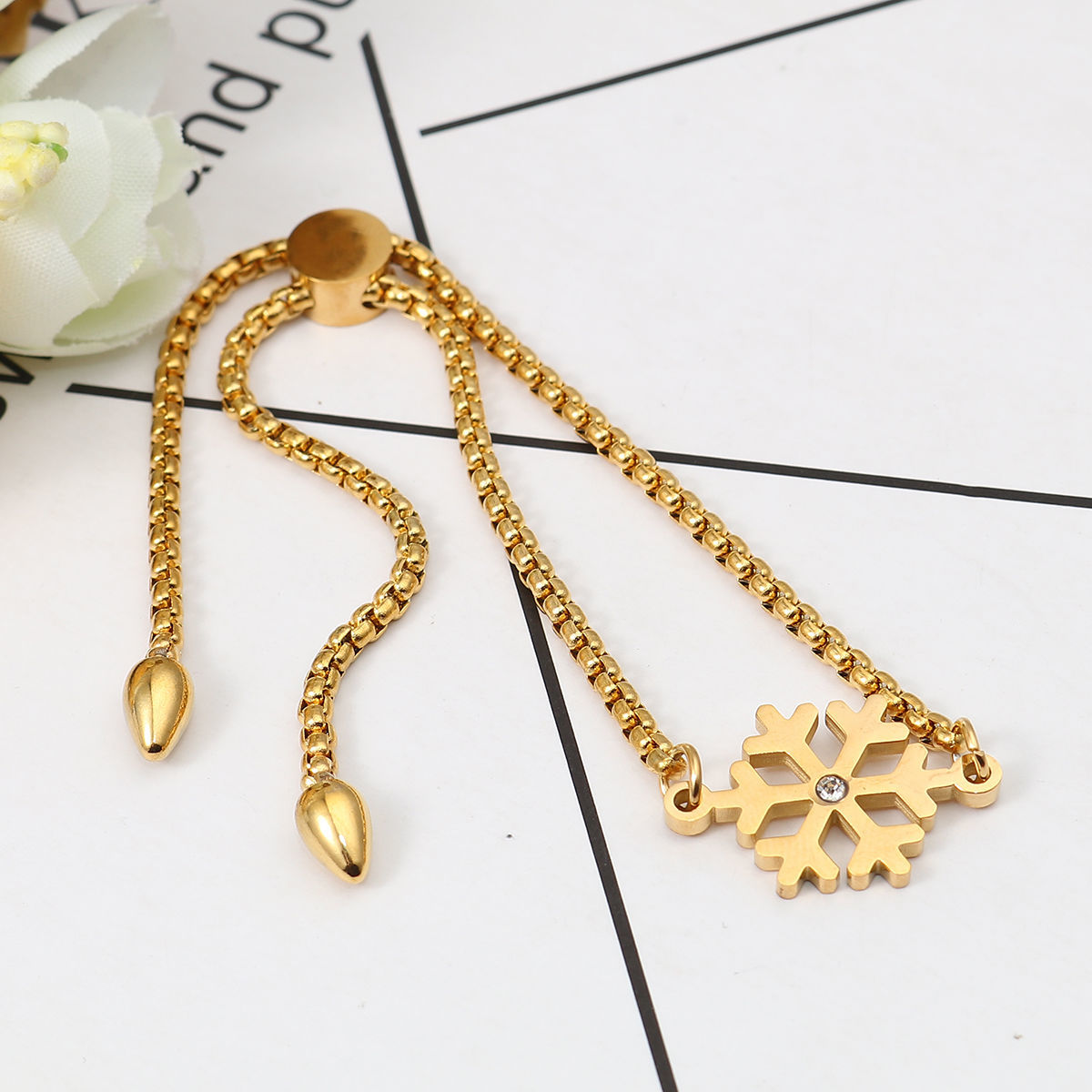 Picture of 304 Stainless Steel Christmas Adjustable Slider/ Slide Bolo Bracelets Gold Plated Christmas Snowflake Clear Rhinestone 26.3cm(10 3/8") - 25.3cm(10") long, 50 PCs