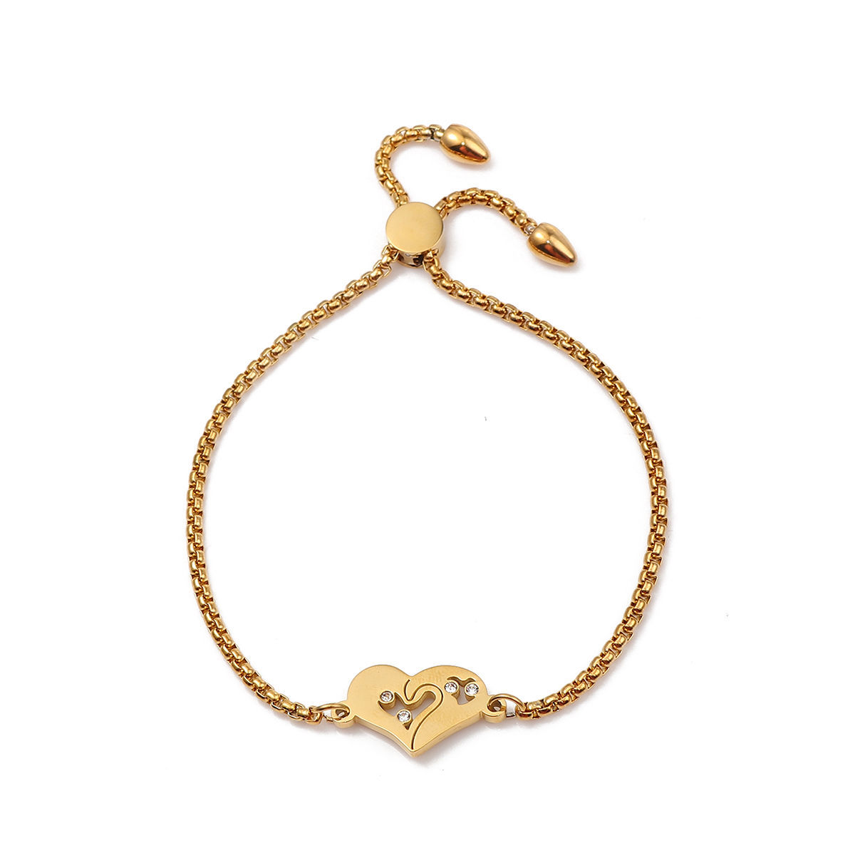 Immagine di 304 Acciaio Inossidabile Slider Regolabile Bolo Bracciale / Presentazione Oro Placcato Cuore Cuore Trasparente Strass 26.3cm - 25.3cm Lunghezza, 50 Pz