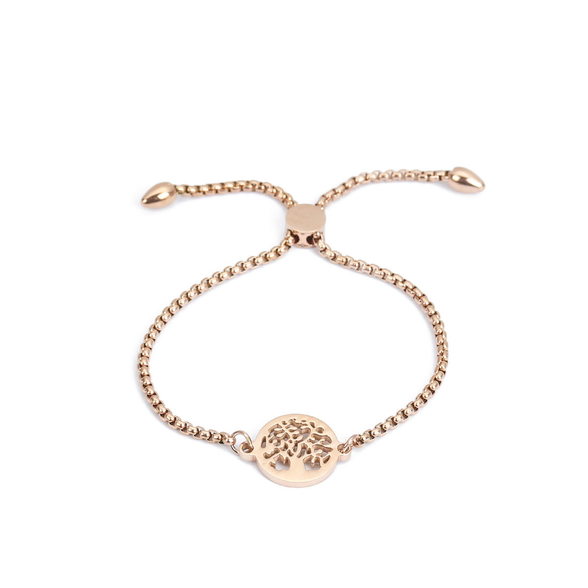 Picture of 304 Stainless Steel Adjustable Slider/ Slide Bolo Bracelets Rose Gold Round Tree 26.3cm(10 3/8") - 25.3cm(10") long, 50 PCs