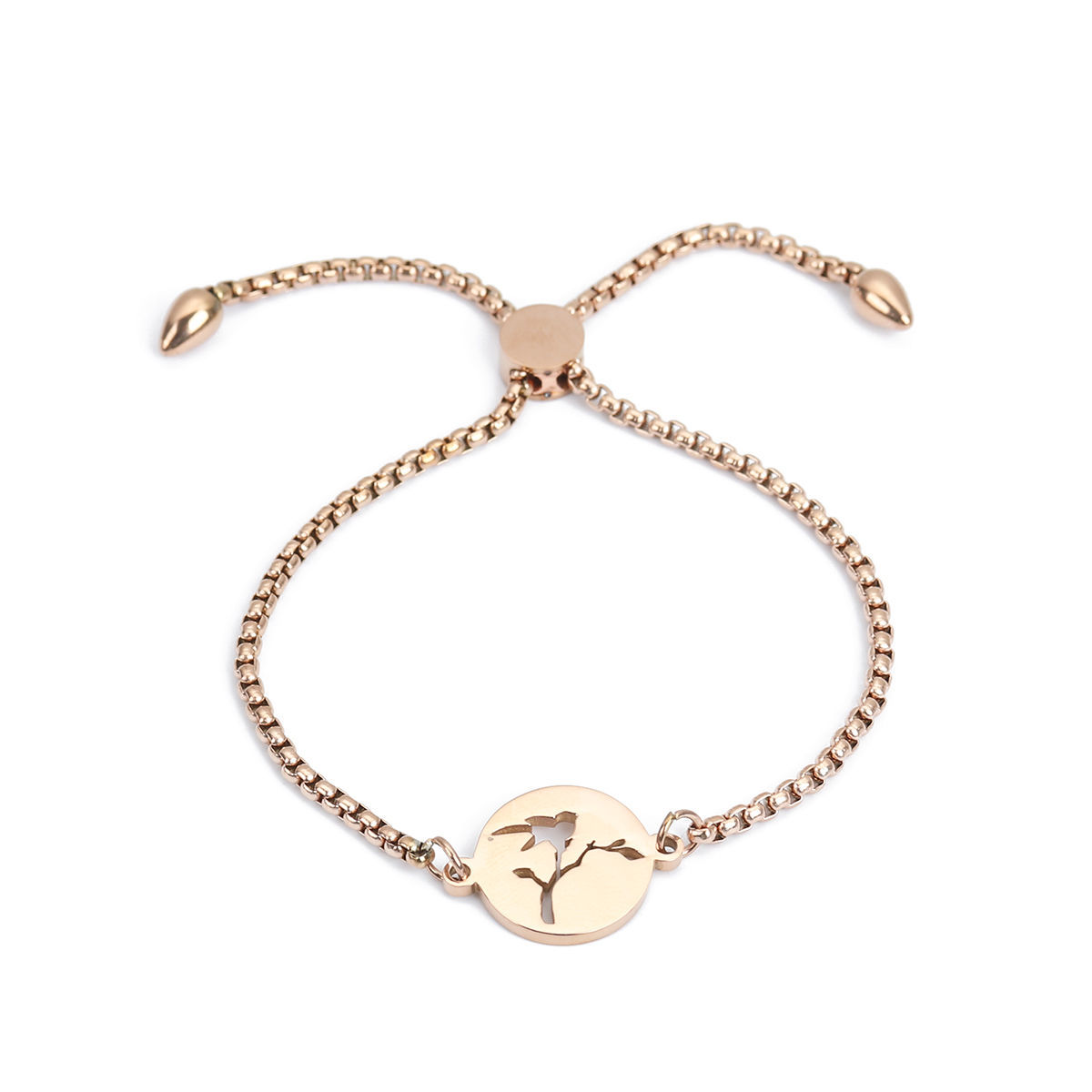 Изображение 304 Нержавеющая Сталь Регулируемая Боло Слайдер / Слайд-браслет Розово-золотой Дерево Птица 26.3см - 25.3см Длина, 50 ШТ