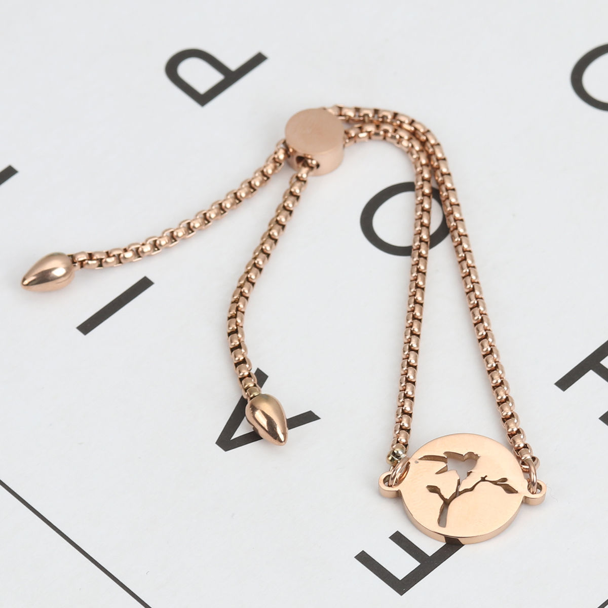 Изображение 304 Нержавеющая Сталь Регулируемая Боло Слайдер / Слайд-браслет Розово-золотой Дерево Птица 26.3см - 25.3см Длина, 50 ШТ