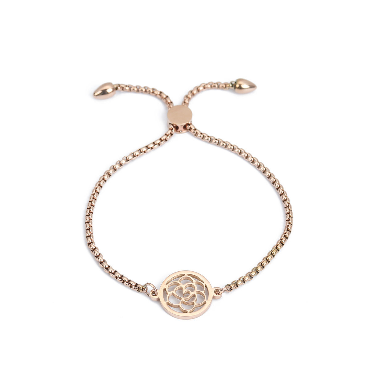 Изображение 304 Нержавеющая Сталь Регулируемая Боло Слайдер / Слайд-браслет Розово-золотой Круглые Цветок 26.3см - 25.3см Длина, 50 ШТ