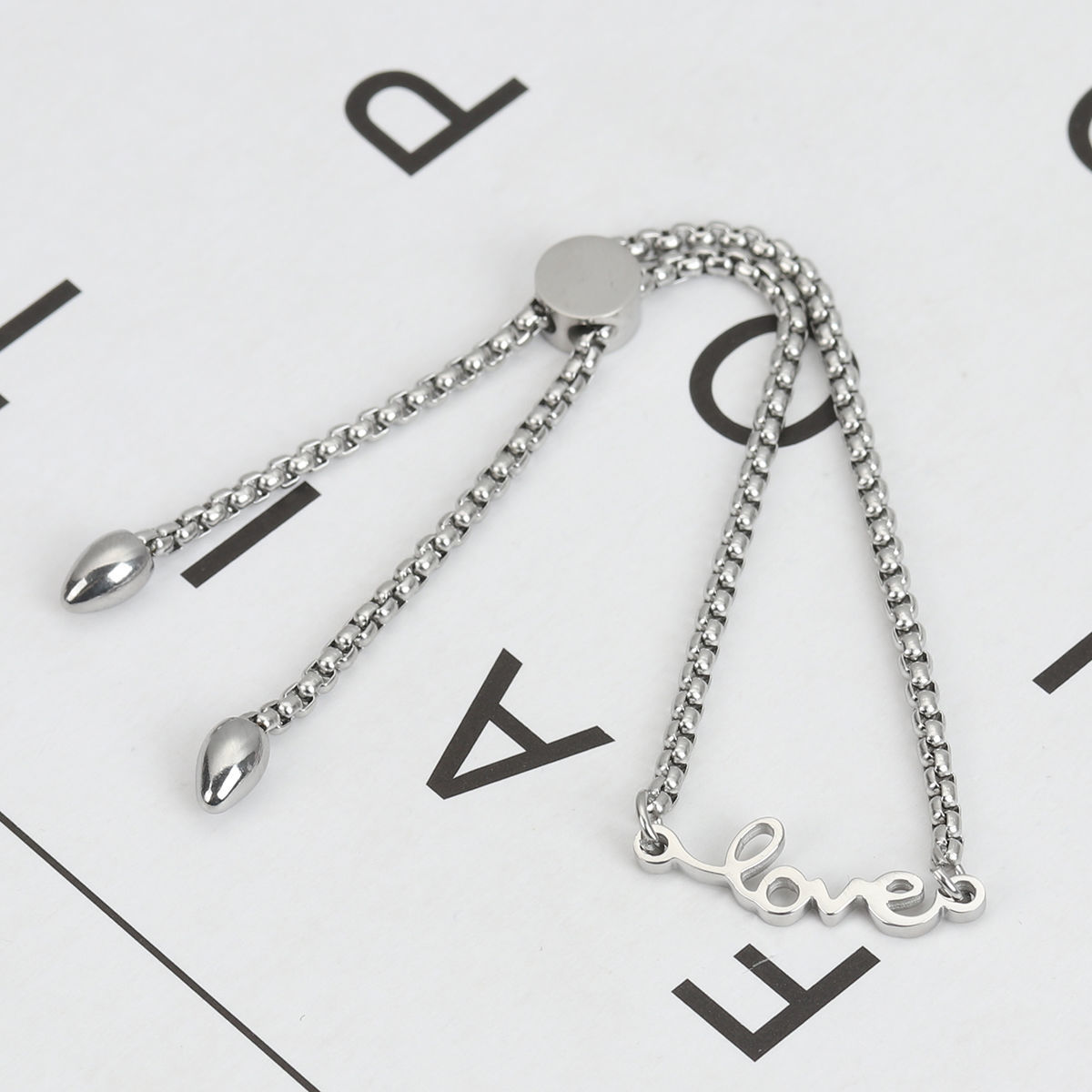 Imagen de 304 Acero Inoxidable Ajustable Slider/ Slide Pulsera Tono de Plata " Amor " 26.3cm - 25.3cm longitud, 50 Unidades