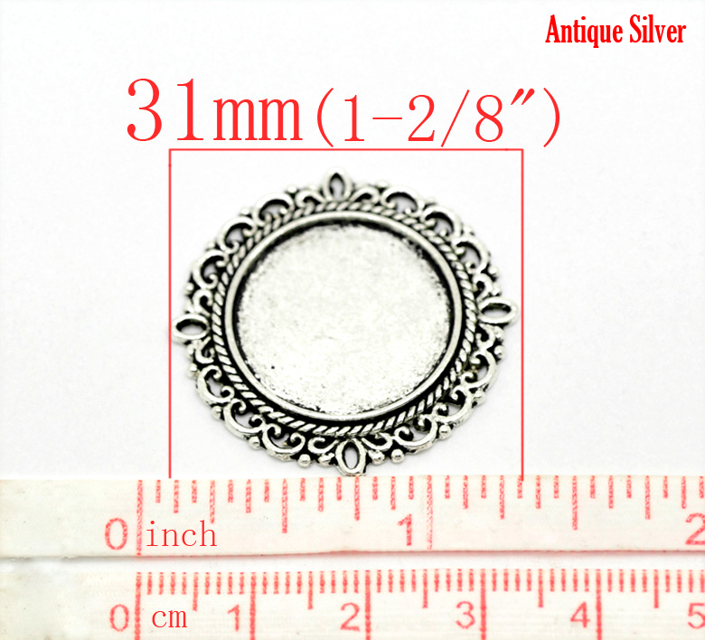 Picture of Zinc Based Alloy Cabochon Settings Connectors Round Antique Silver Color (Fits 20mm Dia.) 3.1cm(1 2/8") x 3.1cm(1 2/8"), 20 PCs
