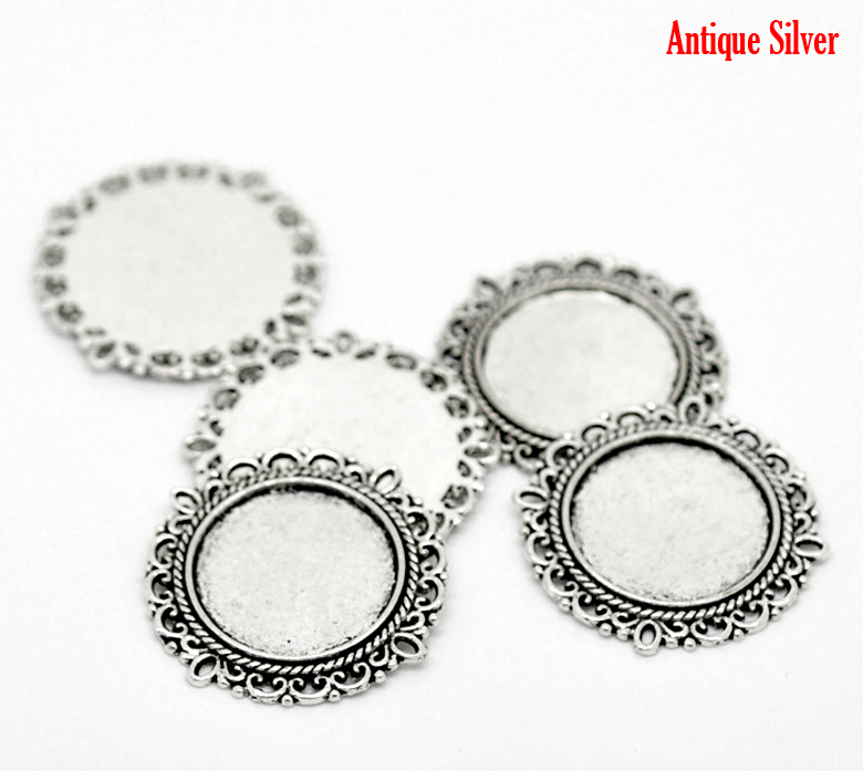 Picture of Zinc Based Alloy Cabochon Settings Connectors Round Antique Silver Color (Fits 20mm Dia.) 3.1cm(1 2/8") x 3.1cm(1 2/8"), 20 PCs