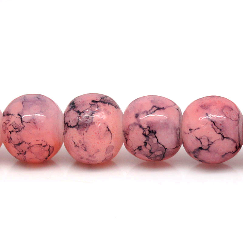 Picture of Glass Loose Beads Round Korea Pink Pattern About 6mm Dia, Hole: Approx 1mm, 80cm long, 2 Strands (Approx 125 PCs/Strand)