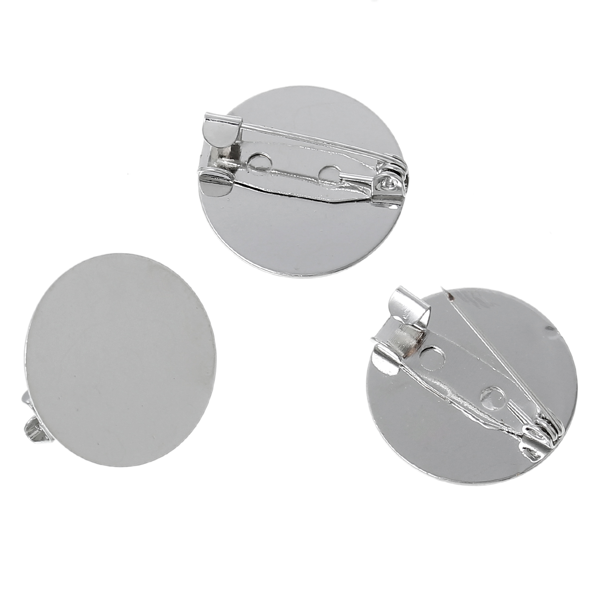 Picture of 20 PCs Brass & Iron Based Alloy Cabochon Settings Safety Pin Brooches Findings Round Silver Tone (Fits 20mm Dia.) 20mm Dia.