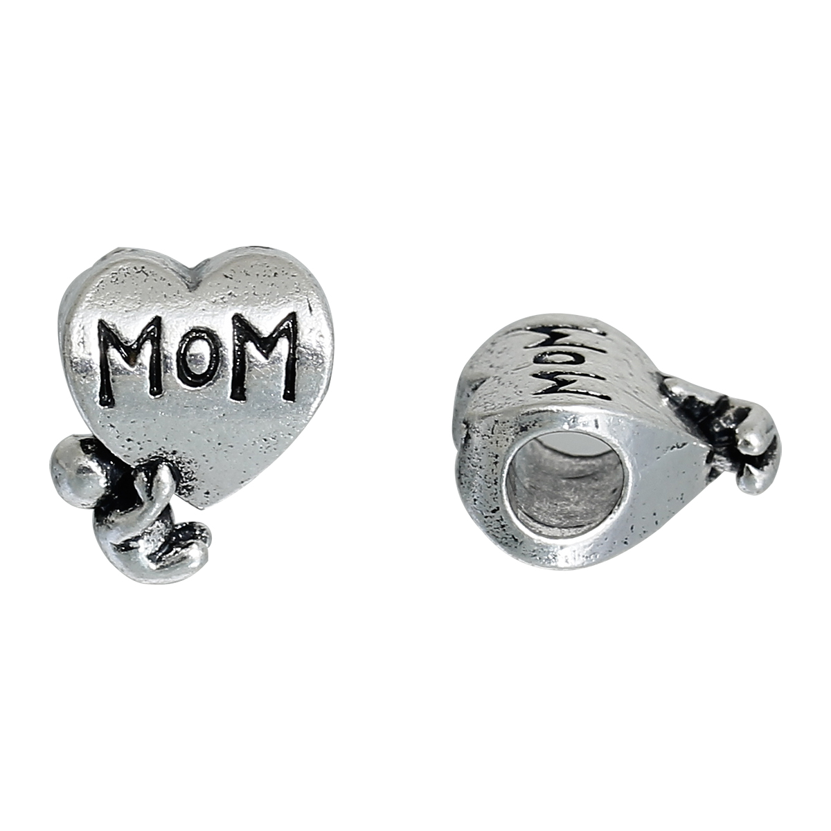 Picture of 2 PCs Zinc Based Alloy Mother's Day European Style Large Hole Charm Beads Antique Silver Color Heart Message " Mom " 14mm x 11mm, Hole: Approx 4.5mm
