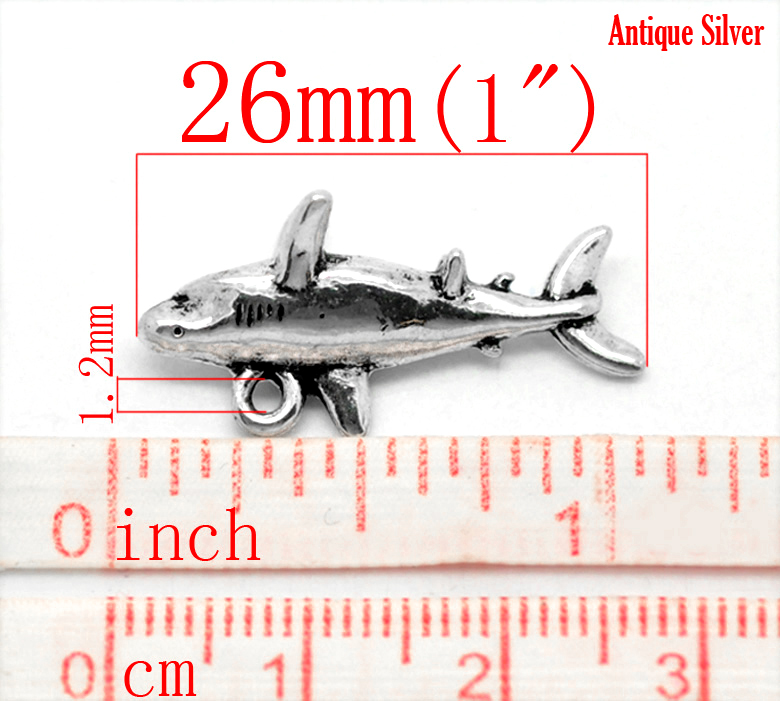 Picture of 20PCs Antique Silver Color Shark Animal Charm Pendants 26x13mm(1"x4/8")