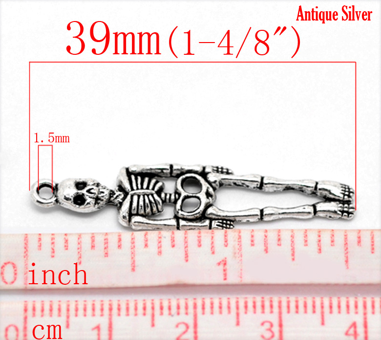 Picture of 50PCs Antique Silver Color Halloween Skeleton Body Skull Charm Pendants 39x9mm(1 4/8"x3/8")