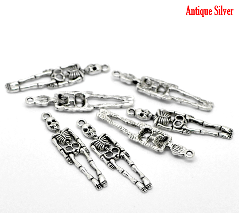 Picture of 50PCs Antique Silver Color Halloween Skeleton Body Skull Charm Pendants 39x9mm(1 4/8"x3/8")