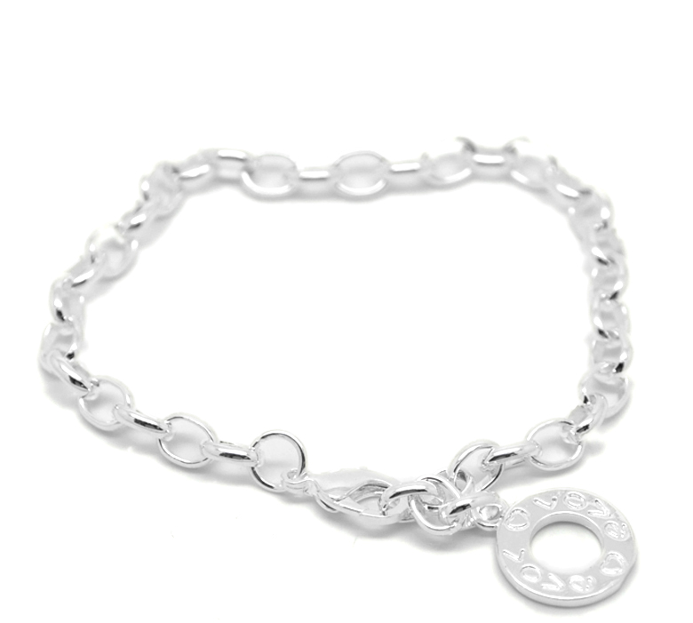 Picture of Copper Clip On Charms Bracelets Link Cable Chain Silver Plated Message "Love" Carved 21cm(8 2/8") long，4 PCs
