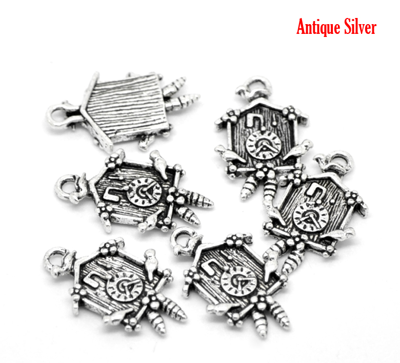 Picture of 20PCs Antique Silver Color Cuckoo Clock Charm Pendants 26x16mm(1"x5/8")