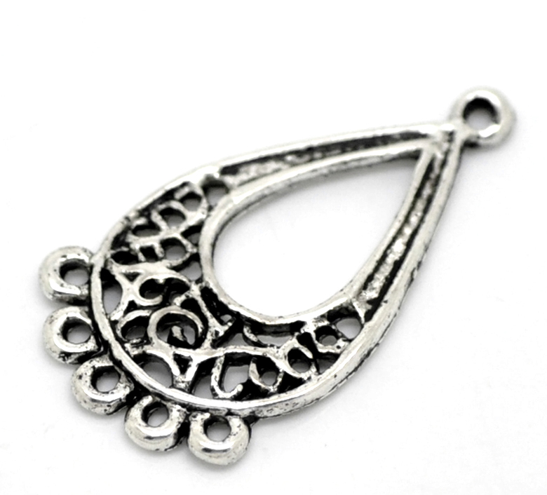 Picture of Zinc Based Alloy Filigree Stamping Chandelier Connectors Teardrop Antique Silver Color Hollow 26mm x 14mm, 50 PCs