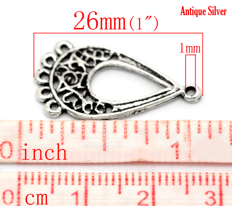 Picture of Zinc Based Alloy Filigree Stamping Chandelier Connectors Teardrop Antique Silver Color Hollow 26mm x 14mm, 50 PCs