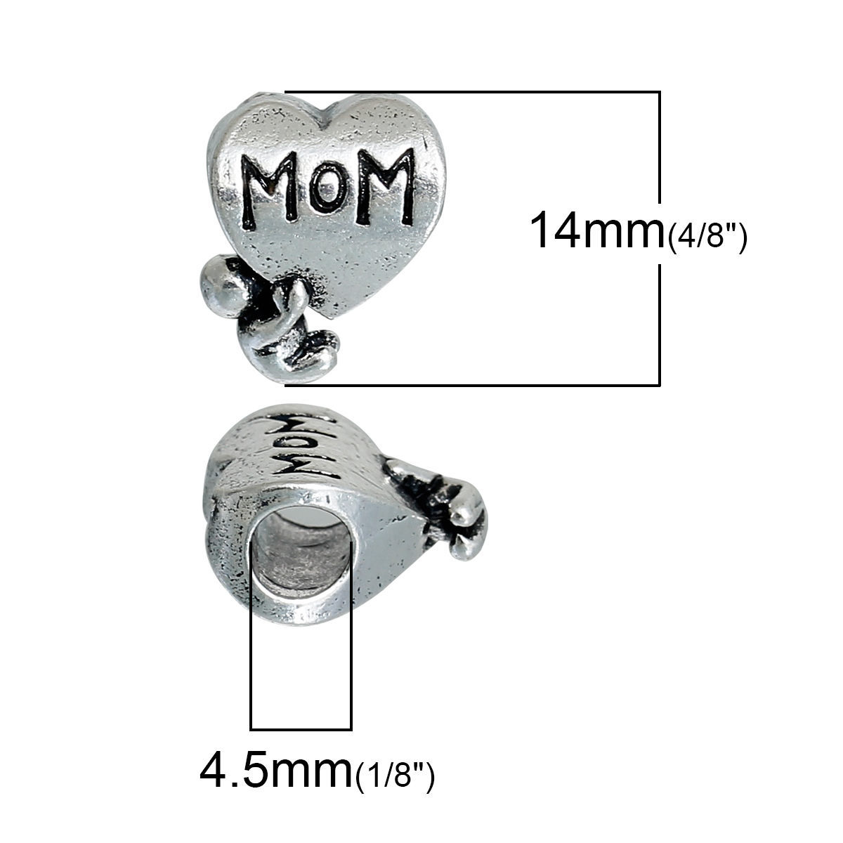 Picture of 2 PCs Zinc Based Alloy Mother's Day European Style Large Hole Charm Beads Antique Silver Color Heart Message " Mom " 14mm x 11mm, Hole: Approx 4.5mm