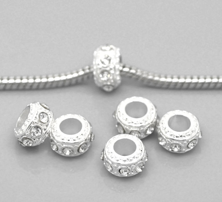 Picture of Zinc Metal Alloy European Style Large Hole Charm Beads Round Silver Plated Clear Rhinestone About 10mm Dia, Hole: Approx 4.7mm, 10 PCs